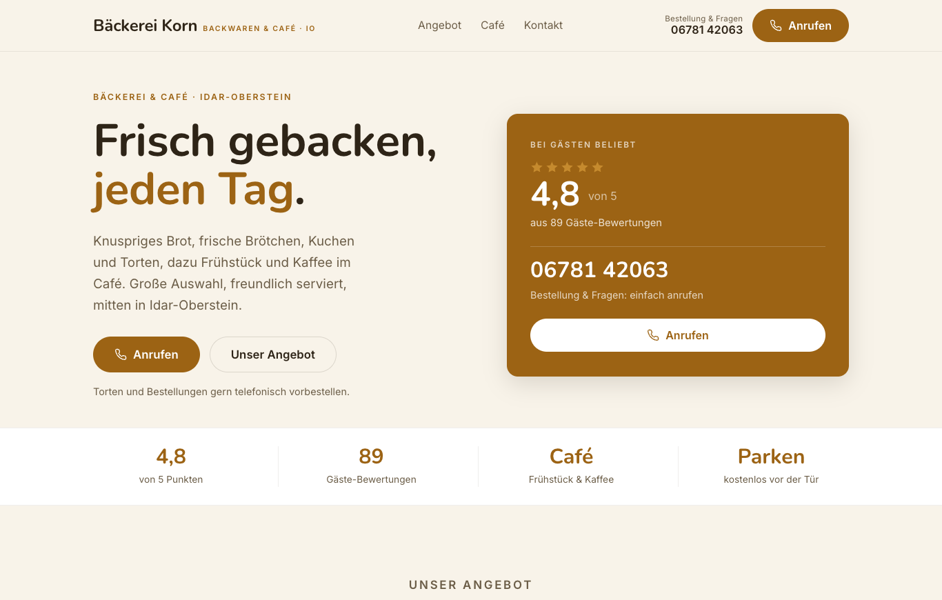 Vorschau der neuen Website der Bäckerei Korn am Computer: Startseite mit dem Slogan Frisch gebacken, jeden Tag und den 4,8 Sternen aus 89 Bewertungen.